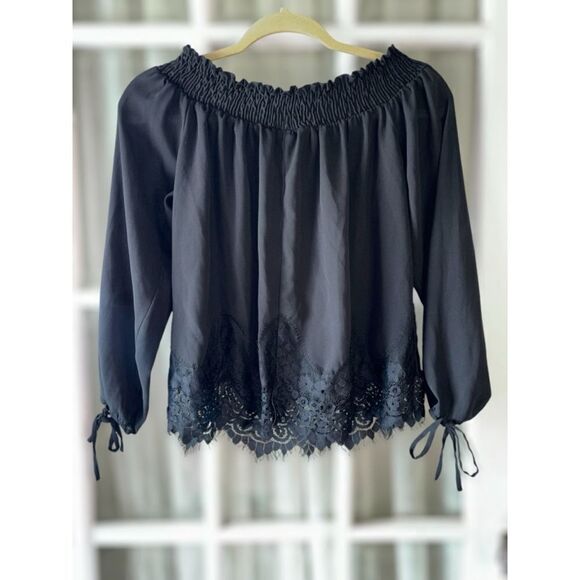 Wrangler Women’s Small Retro Black Frayed Lace Long Tie Sleeve Western Blouse - Picture 3 of 12